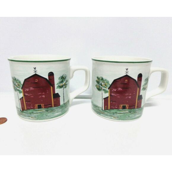 Tienshan Stoneware Coffee Mugs 2 Farm House Prairie Red Barn 14oz Tea Cups New - Picture 3 of 6